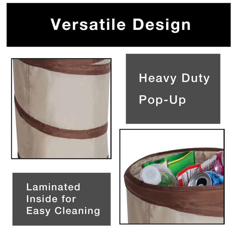 Smart Design Spiral Pop Up Trash Bin with Open Top - Easy to Clean Design - for Recyclables, Garbage, Paper Clutter, Trash Bin - Home - 9.5 x 13 Inch - Beige with Dark Brown Trim - Image 4